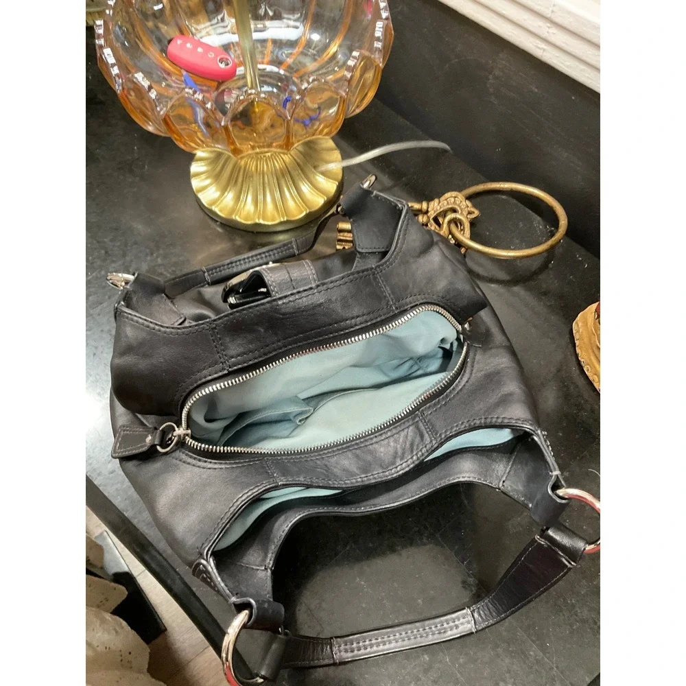 Coach Soho Black Leather Buckle Hobo Bag Silver Hardware Blue Lining